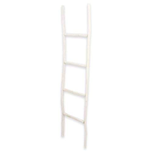 4-Tier White Wash Wood Ladder Blanket Rack, Distressed Decorative Organizer