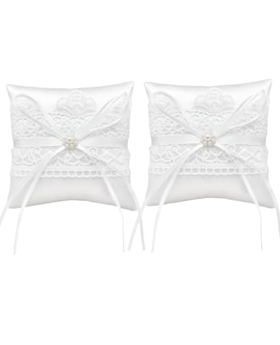 2 PCS Lace Pearl Ring Bearer Pillow Set with Bowknot for Wedding Ceremony