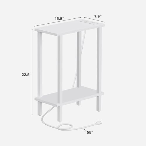 Narrow Side Table with Charging Station, 2-Tier Slim End Table, White