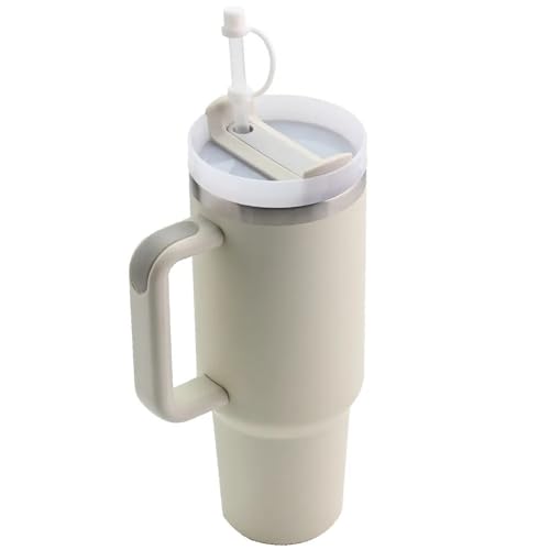MABLA 40 oz Travel Mug with handle | Stainless Steel Vacuum Cup | Insulated Resuable Tumbler with Straw & Lid Leakproof Travel Coffee Mug for Water, Iced Coffee or Tea and More (Cream)