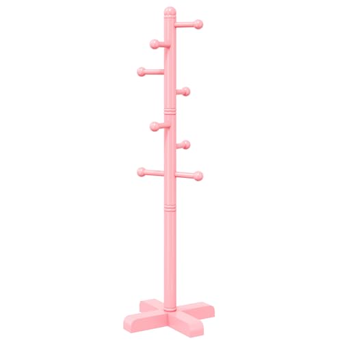 8-Hook Freestanding Wooden Coat Rack, Adjustable Height Pink Coat Tree