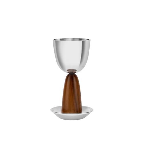 Modern Kiddush Cup and Saucer Set – 7-Inch Alloy and Acacia Wood