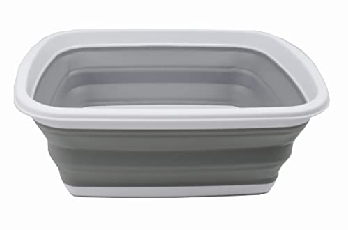 SAMMART 10L Collapsible Plastic Wash Basin - Portable Foldable Dish Tub - White/Grey