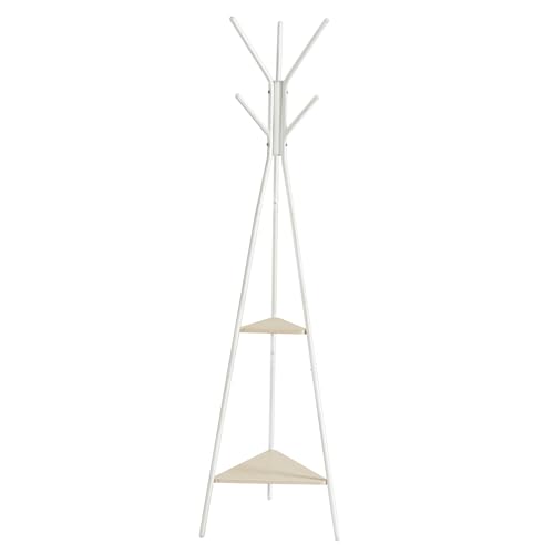 VASAGLE Coat Rack Freestanding, Coat Hanger Stand, Hall Tree with 2 Shelves, for Clothes, Hat, Bag, Industrial Style, Natural Beige and Pearl White URCR016N01