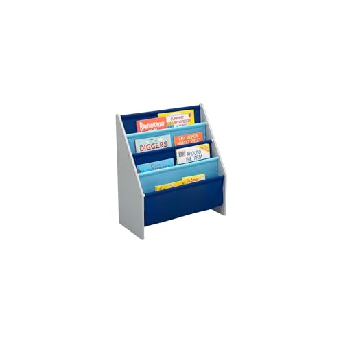 4-Tier Kids Sling Book Rack - Wooden Children's Bookshelf, Grey and Blue