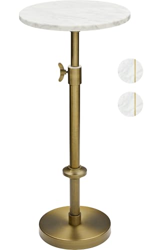 Adjustable 10-Inch White Marble Drink Table with Antique Brass Pedestal