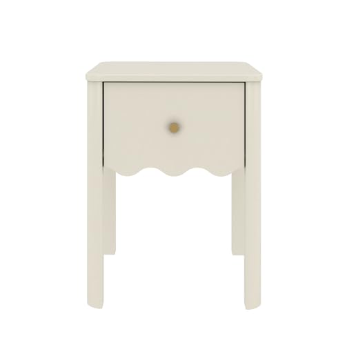 Solid Wood Kids Nightstand with Drawer, Wavy Trim - Linen White