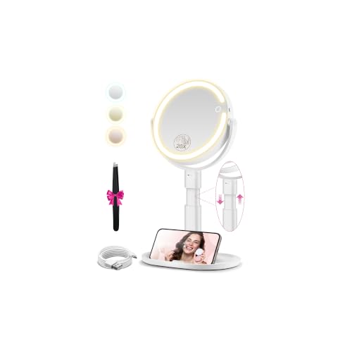 White MOMOKUBA Makeup Mirror with Lights, 20X Magnification, Adjustable Height, Rechargeable Vanity Mirror with 3 Lighting Modes, Detachable Travel Mirror