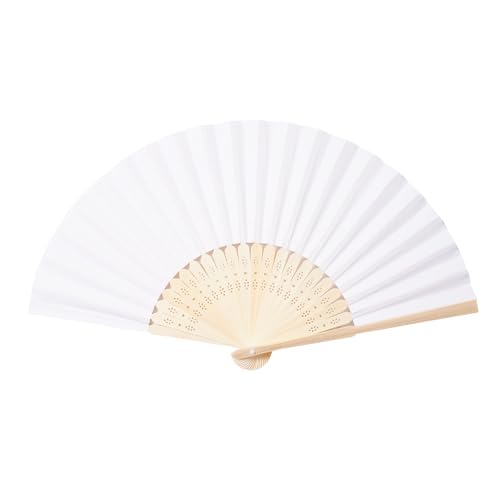 50-Pack White Bamboo Paper Folding Fans for Weddings and DIY Crafts