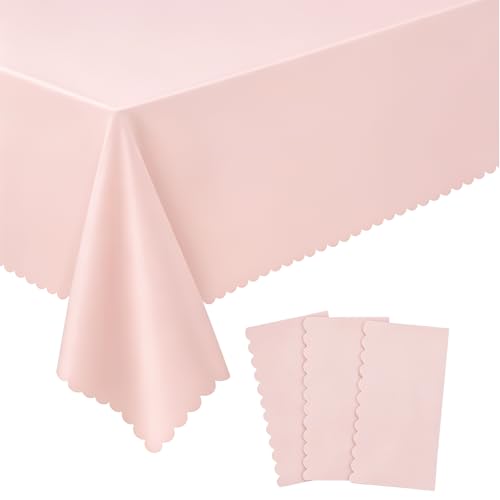 3 Pcs Light Pink Plastic Tablecloths, 54x108 Inch Scalloped Rectangle Covers