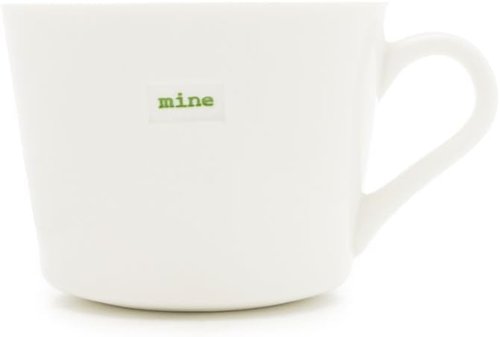 Keith Brymer Jones - Word Range - Small Ceramic White Mug Pair - 280ml - Yours (Blue) & Mine (Green)