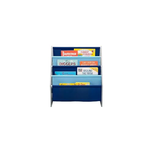4-Tier Kids Sling Book Rack - Wooden Children's Bookshelf, Grey and Blue