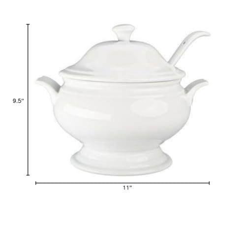 BIA Cordon Bleu Soup Tureen Set, White Porcelain 3-Piece - 3.5 Qt Bowl with Lid & 10" Ladle, Sturdy Handle, Microwaveable Elegant Dinnerware for Serving Soup, Stews, Desserts - Great for Holidays