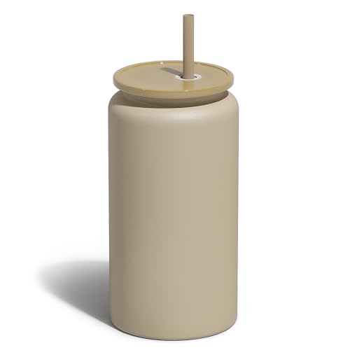 16 oz Insulated Stainless Steel Tumbler with Straw, Matte Brown Coffee Cup