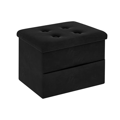 Small Velvet Storage Ottoman with Side Pocket, Foldable Footrest 16x12x12