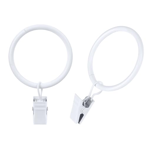 20 PCS White Metal Curtain Rings with Clips - 1.5 Inch Interior Diameter
