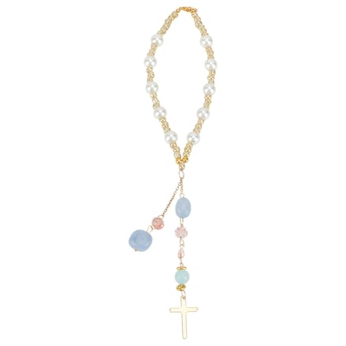Natural Jade Cross Car Hanging Ornament with Pearl and Glass Beads