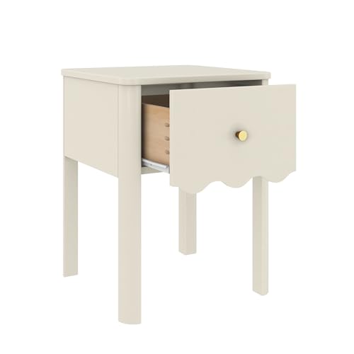 Solid Wood Kids Nightstand with Drawer, Wavy Trim - Linen White