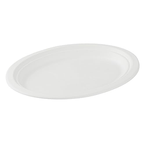 Restaurantware Pulp Safe No PFAS Added 10.4 x 7.8 Inch Medium Oval Plates 100 Disposable Plates - Home Compostable Microwavable And Freezable White Bagasse Plates For Hot And Cold Foods