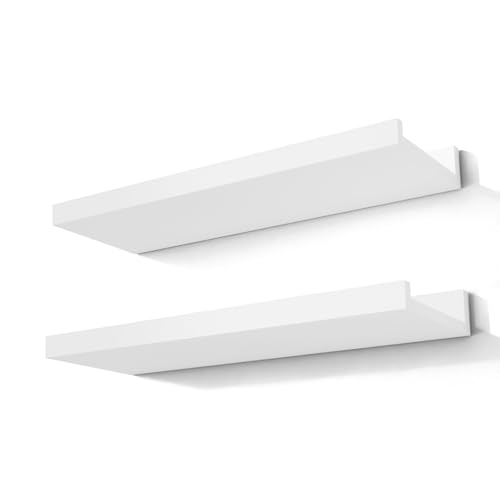 White Floating Shelves with Lip Set of 2 - 14-Inch Picture Ledge Wall Shelves