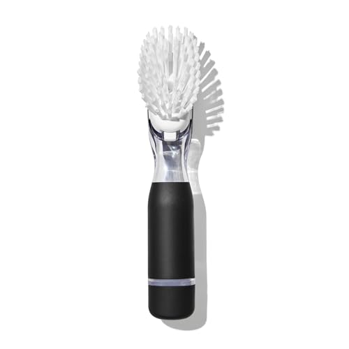 Refillable Soap Dispensing Dish Brush with Scraper & Non-Slip Handle