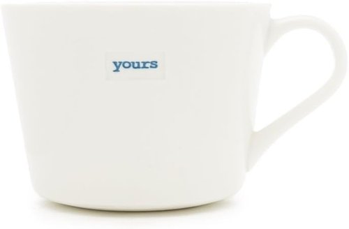 Keith Brymer Jones - Word Range - Small Ceramic White Mug Pair - 280ml - Yours (Blue) & Mine (Green)
