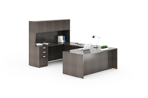 Boss Office Products 71-Inch Executive U-Shape Desk with Storage Hutch & Pedestal, Driftwood
