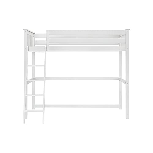 Twin High Loft Bed Frame, Solid Wood Kids Bed with Ladder, White