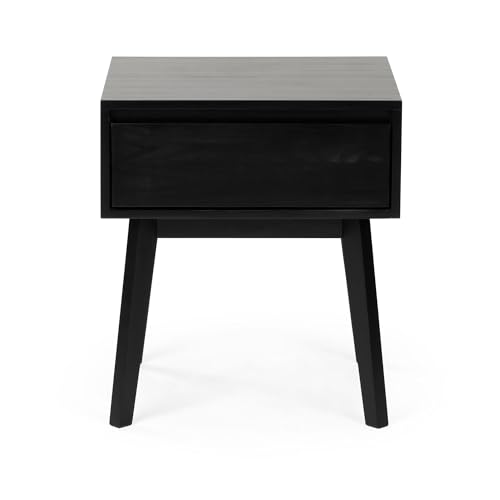 Scandinavian Solid Wood Nightstand with Drawer, Black