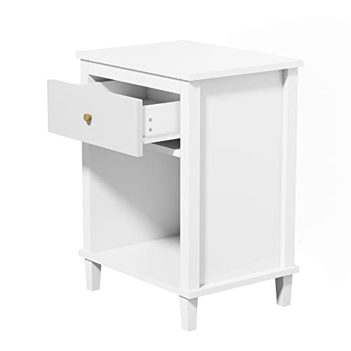 Modern Kids Nightstand with Drawer and Storage Shelf - White Wood Bedside Table