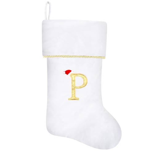 20-Inch Personalized White Velvet Monogram Christmas Stocking with Gold Trim