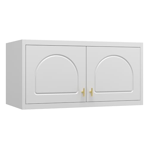32" White Metal Wall Cabinet with 2 Doors & Gold Handle - Industrial Storage