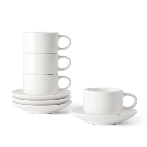 DOWAN White 2.5 oz Stackable Espresso Cups & Saucers Set of 4