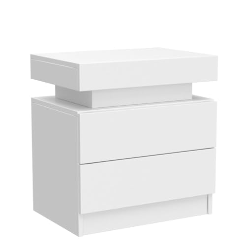 Modern White 2-Drawer Nightstand Set with App-Controlled RGB LED Lights