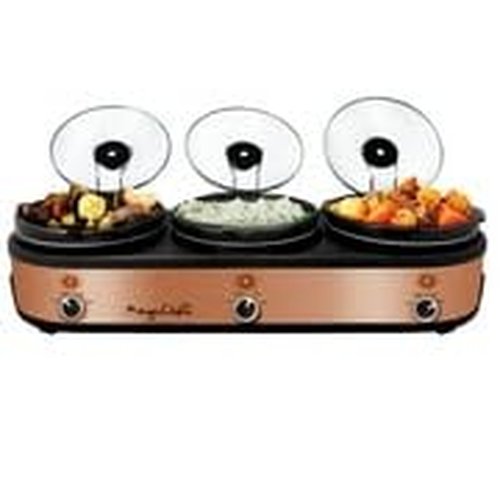 Megachef Triple 2.5 Quart Slow Cooker and Buffet Server in Brushed Copper and Black Finish with 3 Ceramic Cooking Pots and Removable Lid Rests