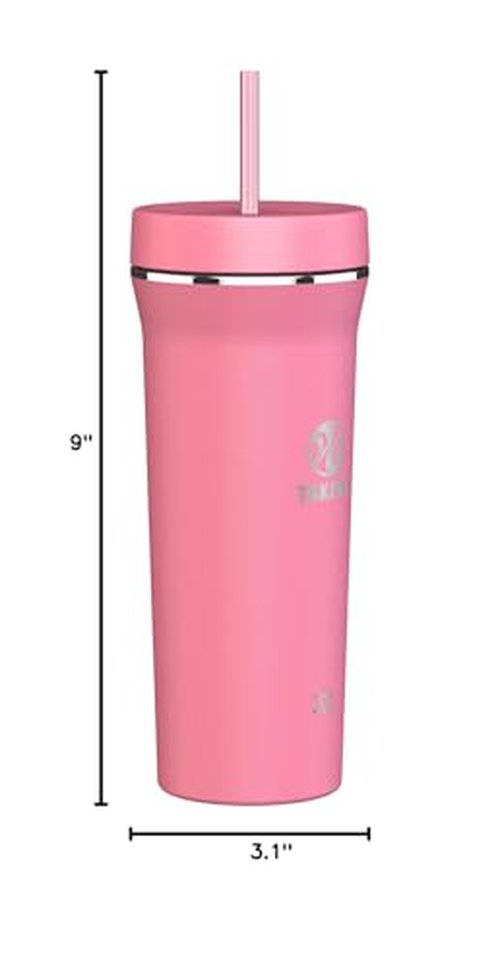Takeya Straw Tumbler - For Coffee, Water & More - Durable with Built-In Silicone Coaster - Double Stainless Steel Insulation for Beverages - 32 oz, Pink Mimosa
