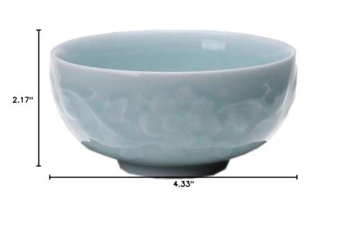 Chinese Rice Bowl 10oz Celadon Dinnerware Engraved Peony 4.5Inch Porcelain(1, Sky Blue)
