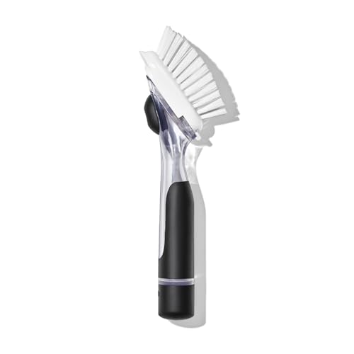 Refillable Soap Dispensing Dish Brush with Scraper & Non-Slip Handle
