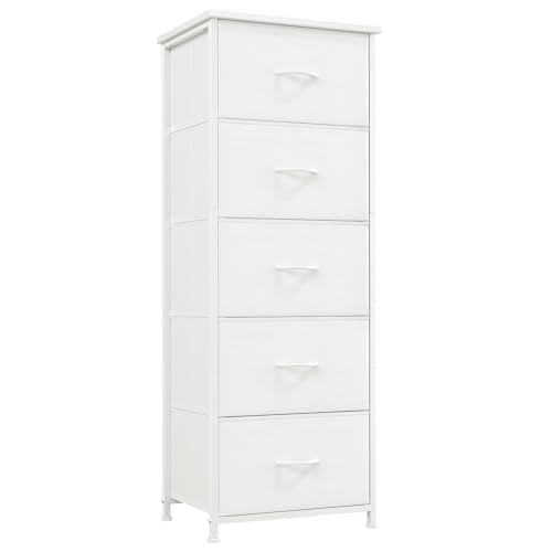 5-Drawer Tall Fabric Dresser Storage Cabinet with Wood Top - White