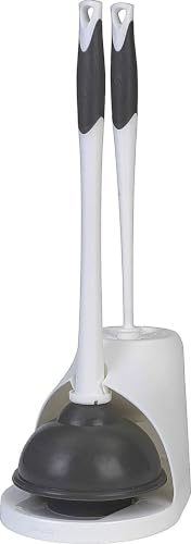 Toilet Plunger and Bowl Brush Set with Storage Holder Caddy, White/Gray