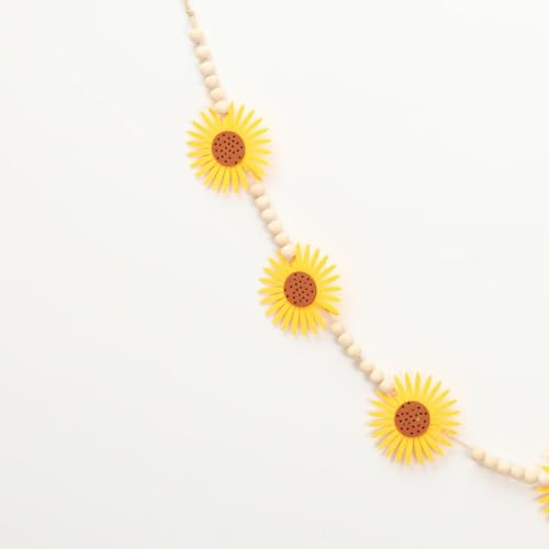 Farmhouse Wood Bead Garland with Felt Sunflowers and Tassels - 55 Inch