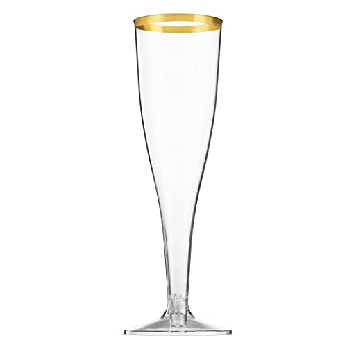 Gold Rim Disposable Plastic Champagne Flutes 5 Oz Pack of 100 - Elegant Partyware
