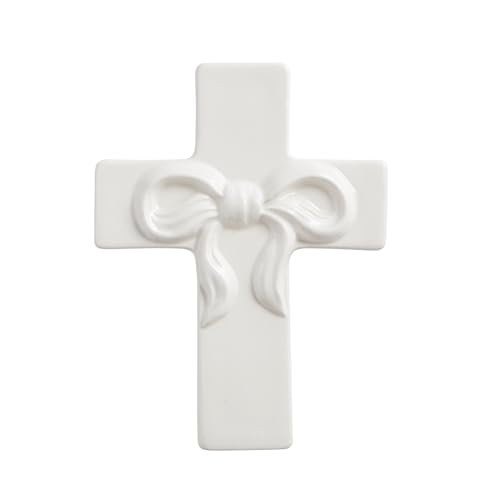 Decorative White Ceramic Cross with Dimensional Bow, 6 x 4 Inch Tabletop Decor