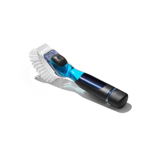 Refillable Soap Dispensing Dish Brush with Scraper & Non-Slip Handle