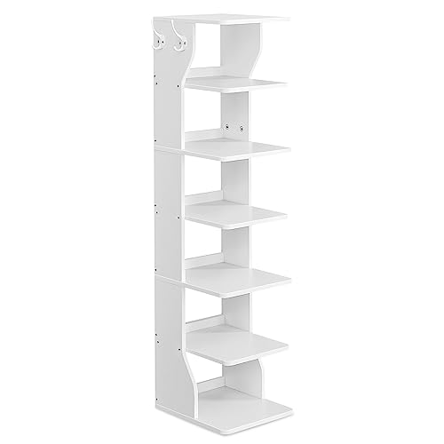 7-Tier Vertical Shoe Rack, Narrow Slim Storage Organizer with Hooks
