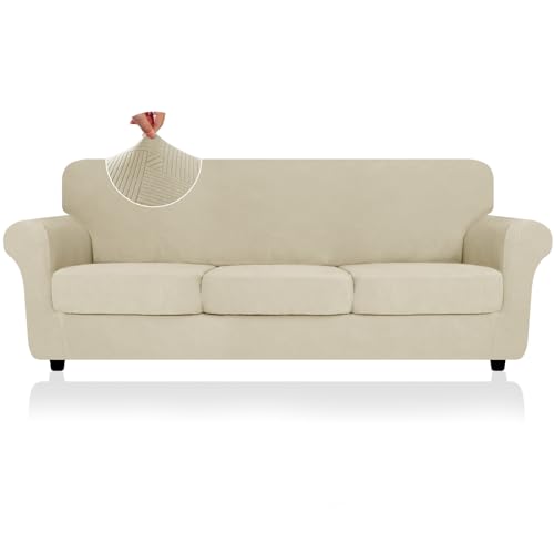 4 Piece Stretch Sofa Covers for 3 Cushion Couch, Khaki