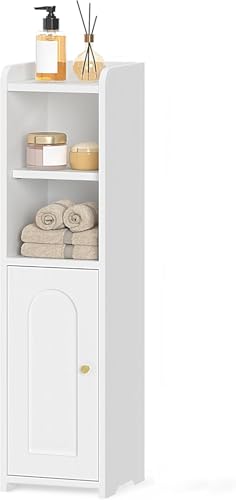 Narrow Bathroom Storage Cabinet with Adjustable Shelves, White Floor Organizer