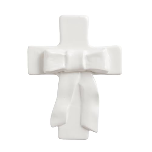 White Decorative Ceramic Cross with Dimensional Bow, 6 x 4 Inch Table Sitter