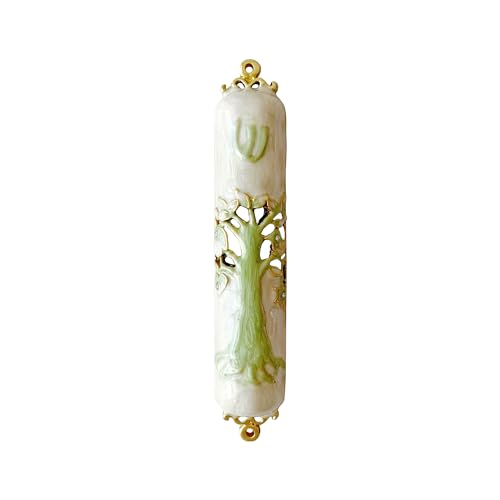 9.5-Inch Hand-Painted Metal Mezuzah with Pomegranate Flower and Scroll