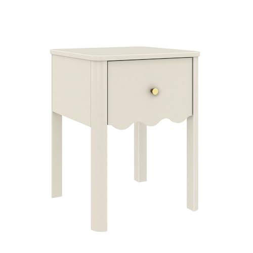 Solid Wood Kids Nightstand with Drawer, Wavy Trim - Linen White